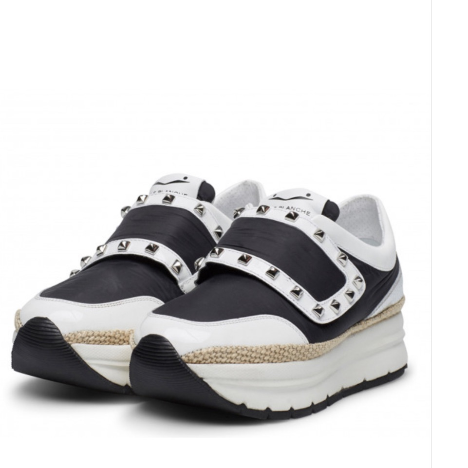Voile Blanche Mirka Patent And Nylon, Black And White Studded Sneakers